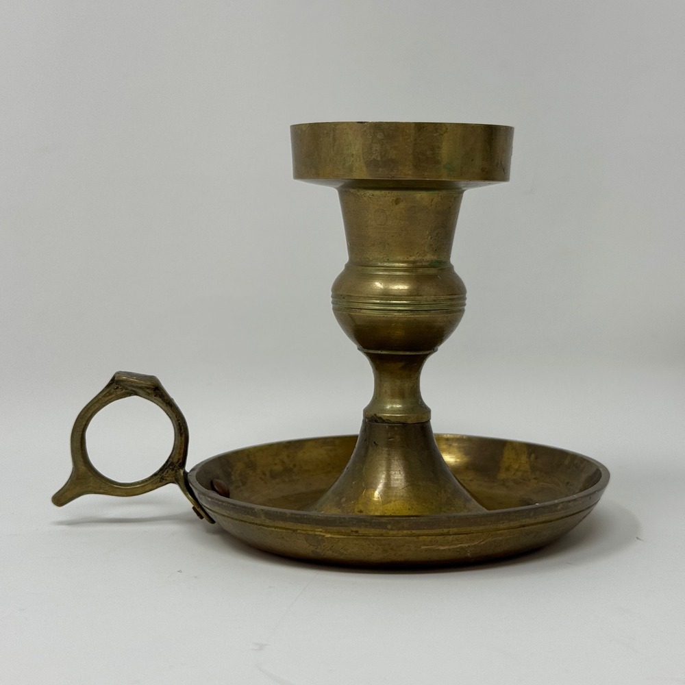 Vintage Brass Chamberstick Candle Holder Finger Loop Handle 4"
